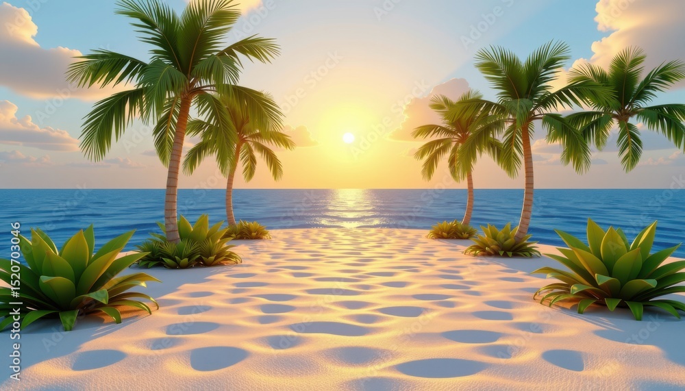 Fototapeta premium A tropical beach at sunset with palm trees, white sand, and calm ocean waves under a colorful sky.