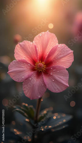 A close-up of a single pink daisy flower with a yellow center, against a blurred green background.