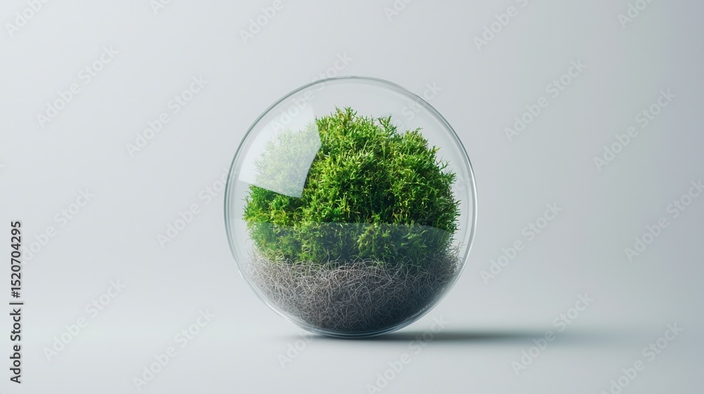 nature conservation concept A small green plant inside a transparent glass sphere. nature conservation concept A small green plant inside a transparent glass sphere.