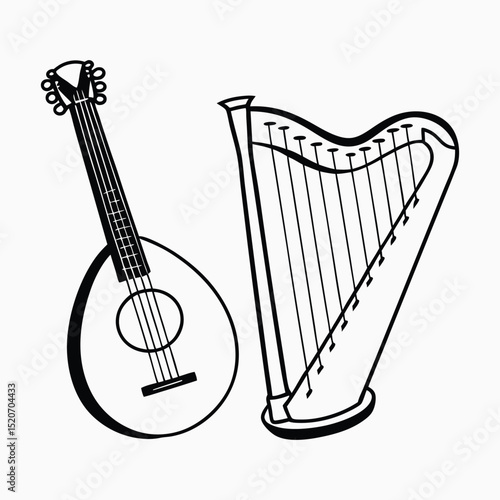 Elegant mandolin and harp sketch, classical string instruments art