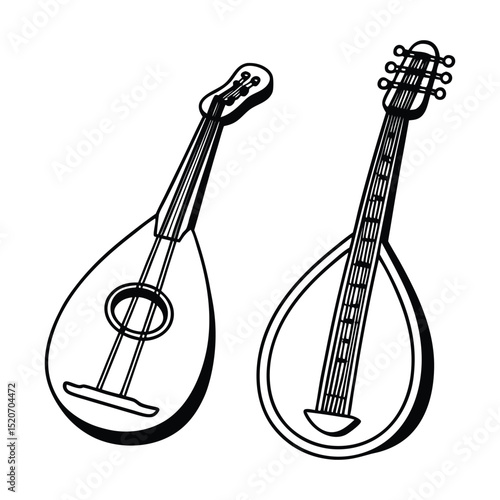 Vintage mandolin and lute line art, classical musical instruments illustration