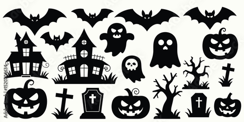 Assortment of Classic Halloween Silhouettes Featuring Spooky Houses, Ghosts, and Jack-O-Lanterns