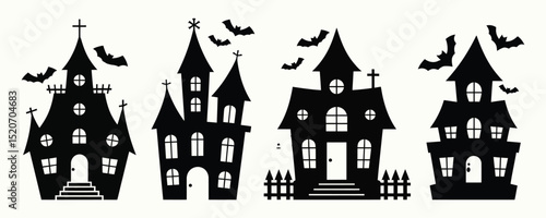 Collection of Spooky Haunted House Silhouettes with Flying Bats for Halloween Decorations