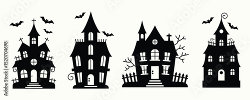 Collection of Spooky Haunted House Silhouettes with Flying Bats for Halloween Decorations