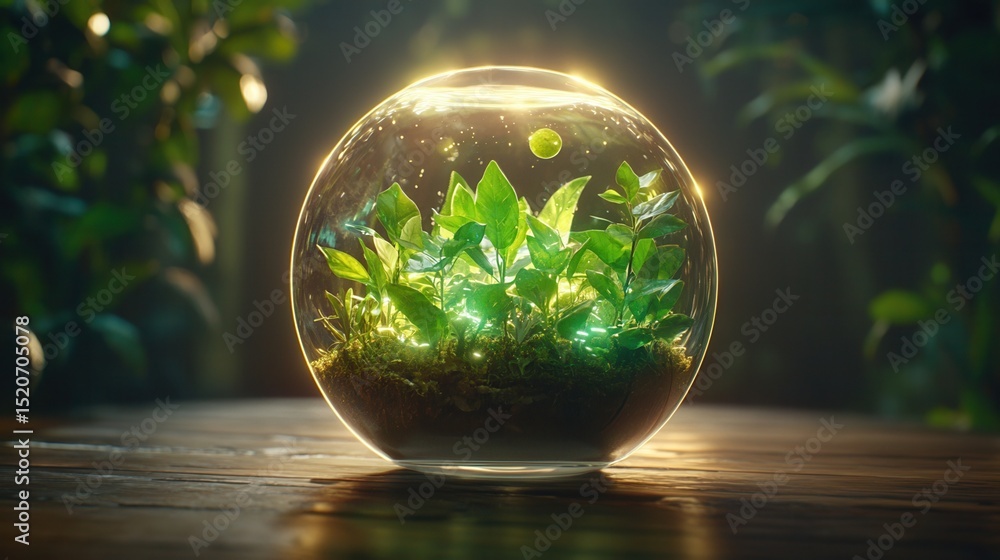nature conservation concept Glass terrarium with vibrant green plants illuminated from within. nature conservation concept Glass terrarium with vibrant green plants illuminated from within.