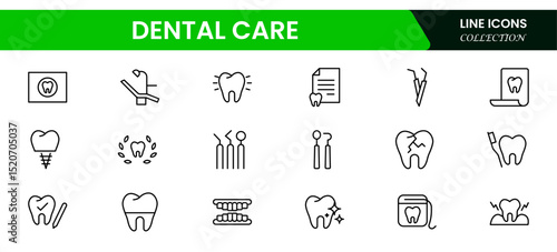 Vector illustration web line icon collection featuring dental care symbols like toothbrush, toothpaste, tooth, dental floss, dentist tools, braces, and smiling teeth.
