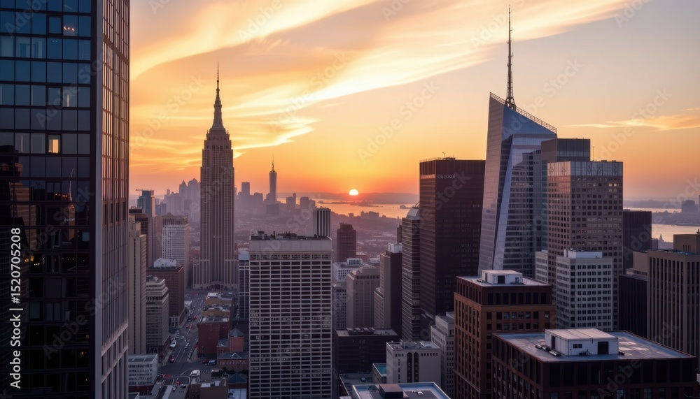 Fototapeta premium A vibrant city skyline at sunset, featuring iconic skyscrapers and a dramatic sky.