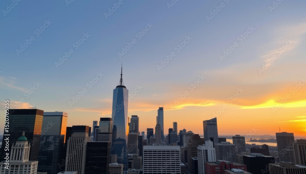 Fototapeta premium A city skyline with tall skyscrapers at sunset, featuring a prominent tower against a colorful sky.