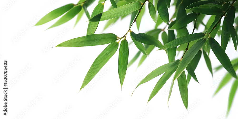 Fototapeta premium Fresh green bamboo leaves and branches, naturally isolated on a white background