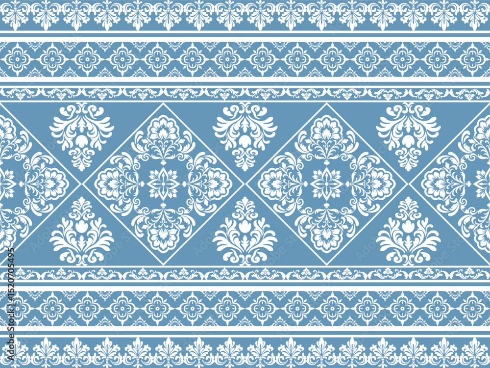 The fabric pattern is a seamless damask pattern that stands out with blue and white tones. The main pattern is a damask pattern, giving it a luxurious look. It is used in wallpaper, clothing graphics The fabric pattern is a seamless damask pattern that stands out with blue and white tones. The main pattern is a damask pattern, giving it a luxurious look. It is used in wallpaper, clothing graphics