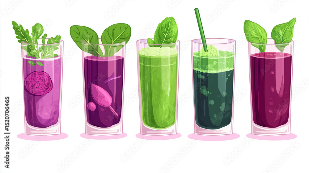 Fototapeta premium Colorful glass bottles with green and red wine glasses and a glass of water