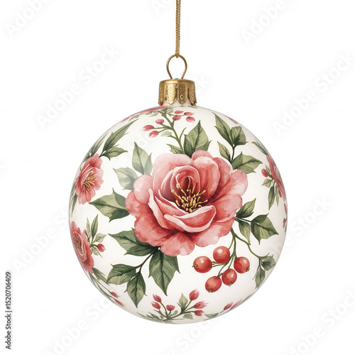 Decorative ornament hanging, round ceramic ornament with floral design featuring a rose, ideal for holiday or home decor. Isolated on white background or PNG