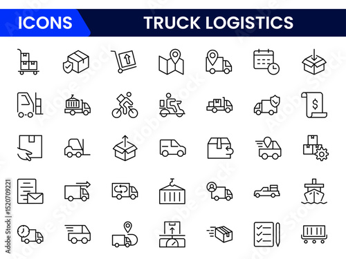 Vector illustration web line icons depicting truck logistics: cargo transport, delivery routes, freight trucks, supply chain, warehouse, and efficient distribution systems.
