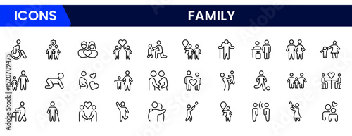 vector icons depicting family: parents, children, love, support, home, togetherness, bonding, care, happiness, and shared moments.
