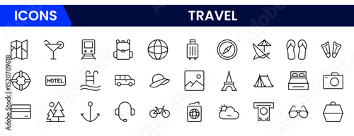 Dynamic vector web line icons capturing travel essentials, global exploration, adventure, transportation, and vibrant cultural experiences worldwide.
