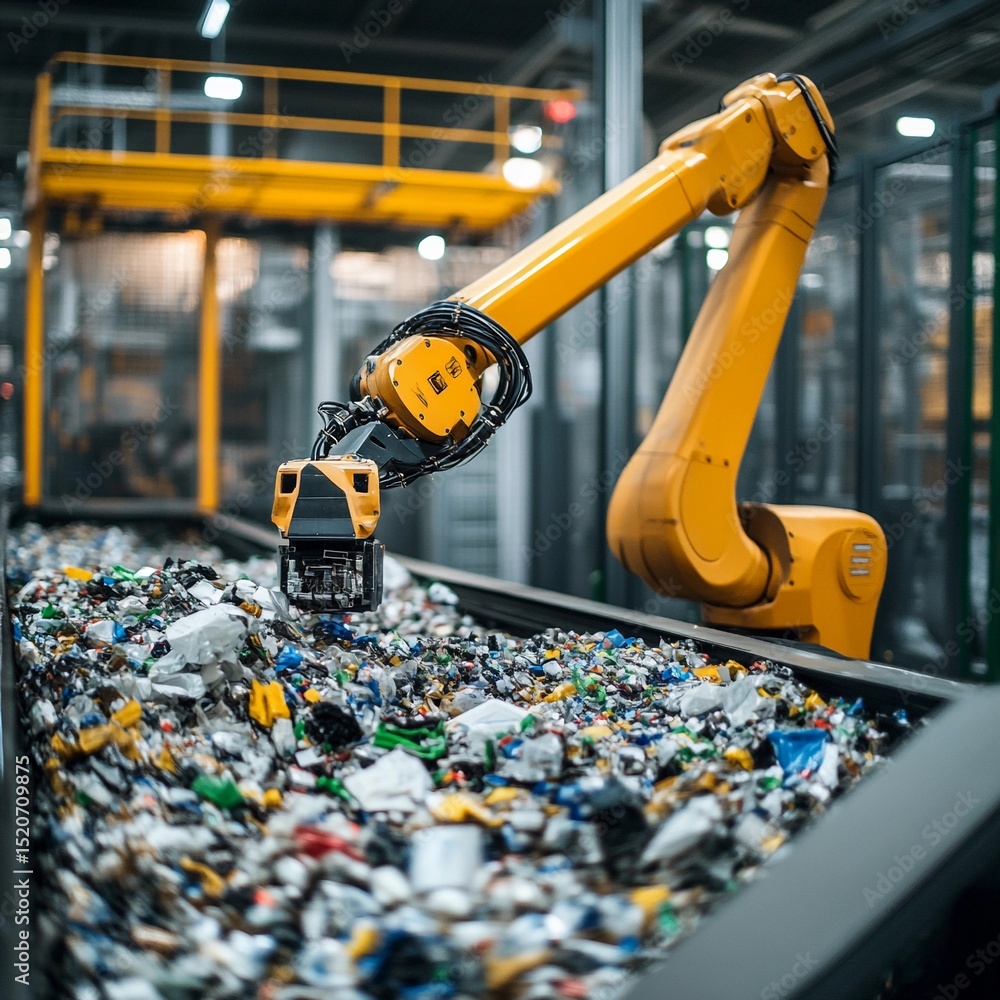 Fototapeta premium Robotic arm sorting plastic waste in a recycling facility during daylight hours