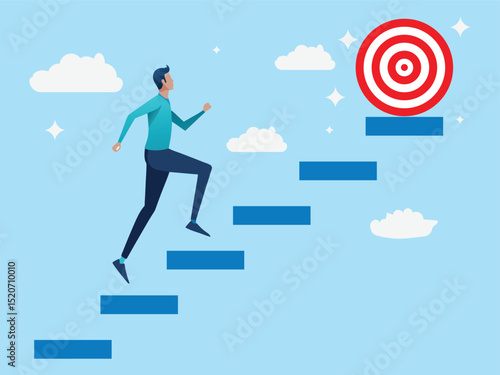 A businessman runs up stairs to success illustration