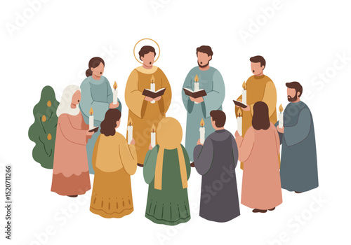 Group of people holding candles and books in a circle with a figure in golden robes - Concept of Renaissance Era. Development of Music.  