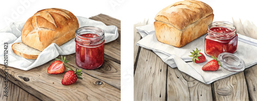 Watercolor Rustic Bread and Strawberry Jam Illustration on Wooden Table PNG - Kitchen Clipart