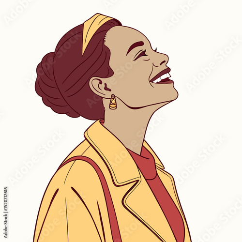 A joyous and expressive illustration of a woman with an updo and headband, laughing heartily and looking upwards with a bright, optimistic outlook
