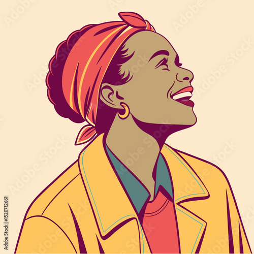 A vibrant and expressive illustration of a Black woman with a headscarf, laughing joyfully and looking upwards with a bright, optimistic outlook
