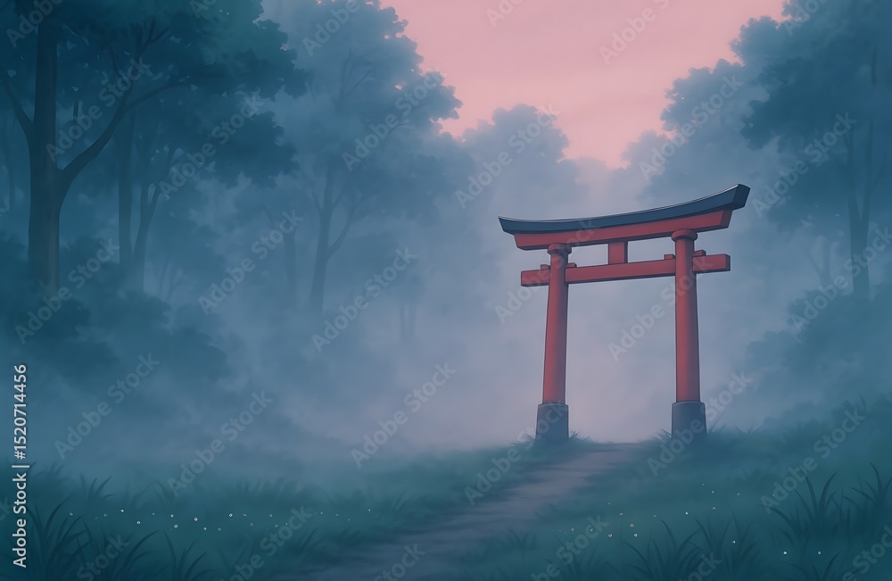Anime Style Red Torii Gate in Foggy Forest at Dawn with Pastel Sky and Dewy Grass Anime Style Red Torii Gate in Foggy Forest at Dawn with Pastel Sky and Dewy Grass