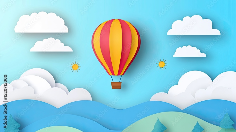 Obraz premium Colorful hot air balloon in a paper cut landscape.