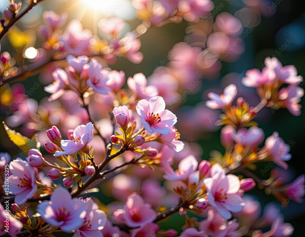 Capture a close-up view of cherry blossoms blooming under bright light, with sparkling motion blur to reflect the essence of nature. Capture a close-up view of cherry blossoms blooming under bright light, with sparkling motion blur to reflect the essence of nature.