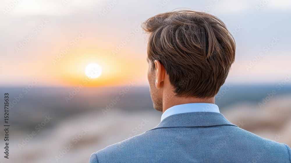 Fototapeta premium A businessperson standing on a hilltop overlooking a golden-lit city, symbolizing prime land opportunity