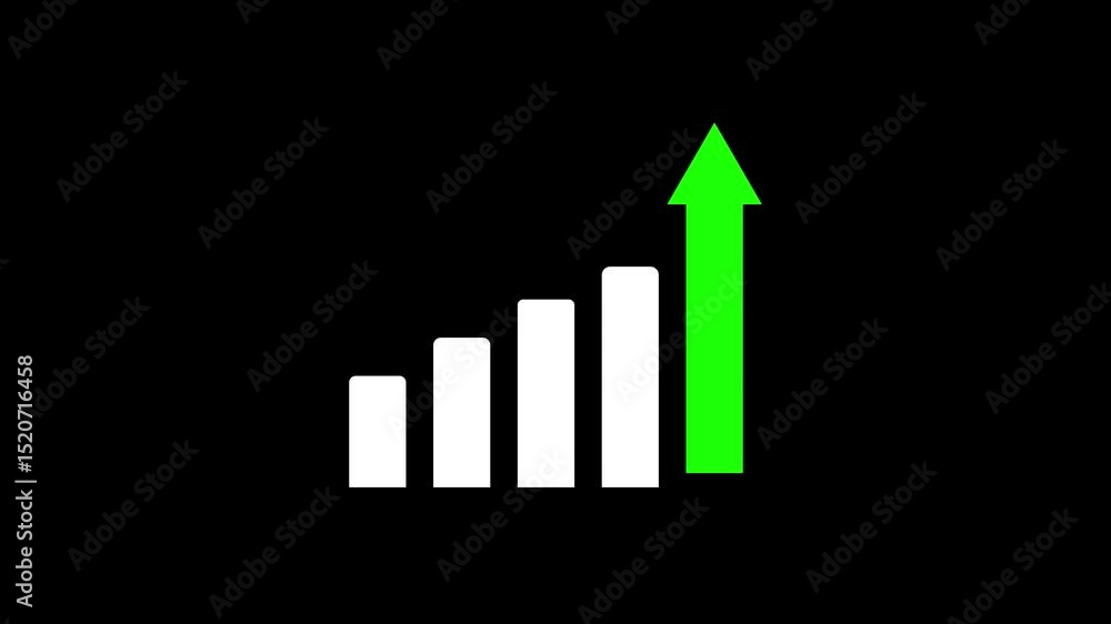 Business progress and growth concept illustrated by bar chart and green arrow on black background animation Business progress and growth concept illustrated by bar chart and green arrow on black background animation