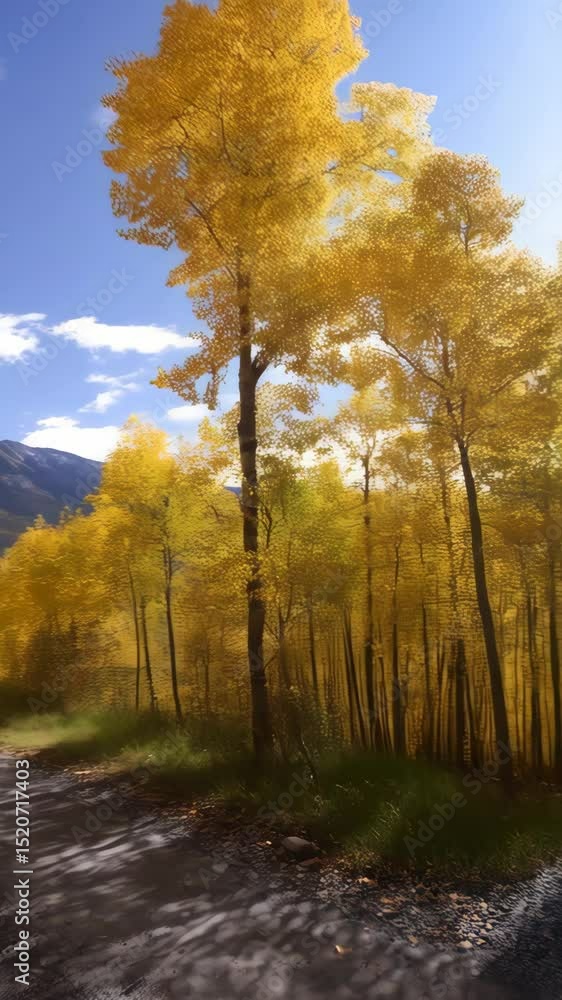 Scenic autumn landscape with a winding road and vibrant yellow trees against mountain backdrop under blue sky Scenic autumn landscape with a winding road and vibrant yellow trees against mountain backdrop under blue sky