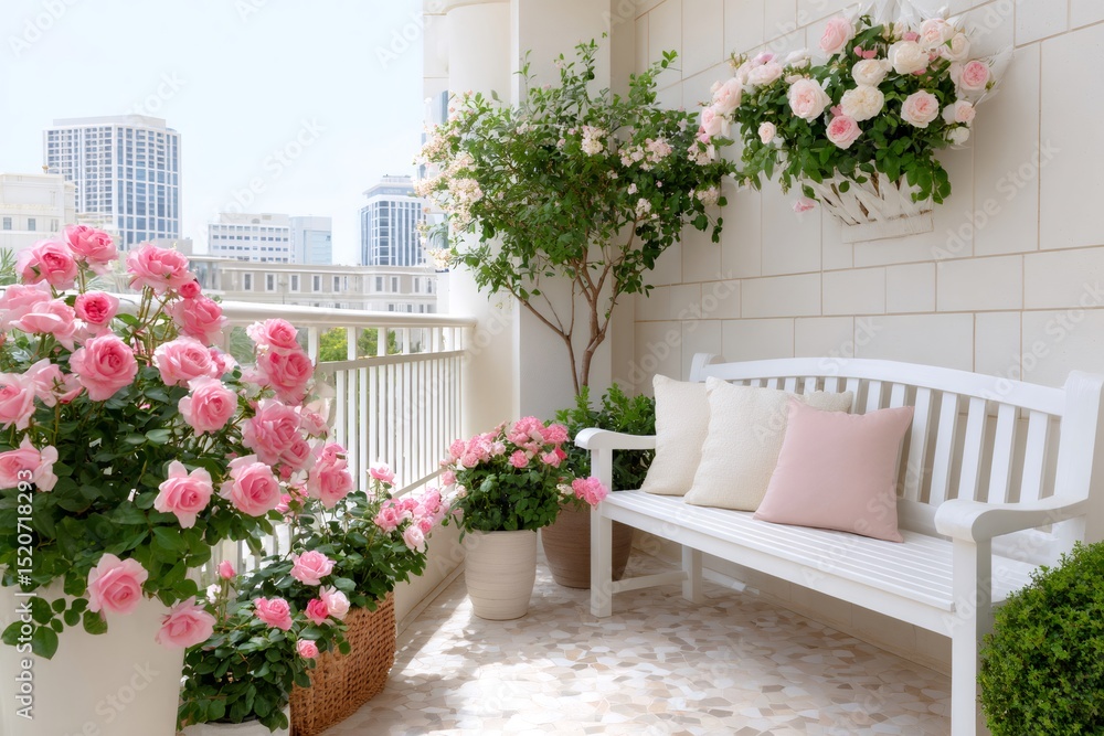 Fototapeta premium Pink roses decorating a relaxing balcony in the city