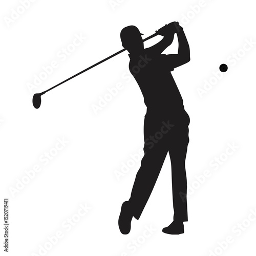 A dynamic vector silhouette of a male golfer mid-swing captures the essence of the sport golf player icon on white background