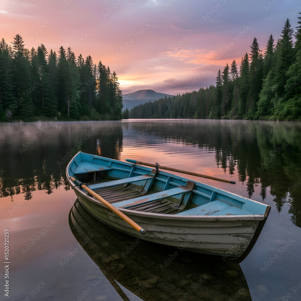 Obraz premium Serene Sunrise Over a Misty Lake with an Abandoned Rowboat