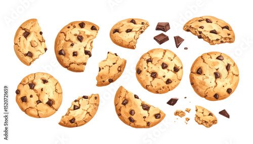Watercolor set of biscuit epciva America. Shortbread cookies with chocolate pieces
