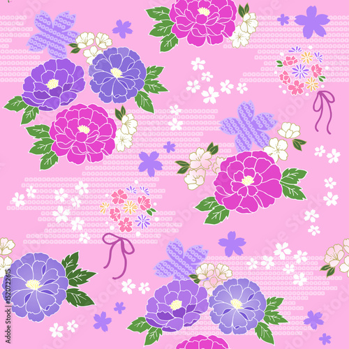 シームレス和柄 牡丹 桜 花束 ベクターデータ（ピンク）