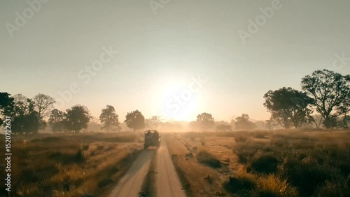 Beautiful sunlight in the forest with fog, foggy morning jungle safari in the forest of  kanha national park or tiger reserve madhya pradesh india asia