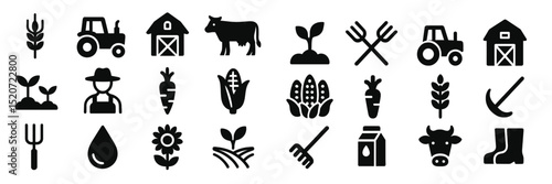 Various agricultural icons representing farming activities, tools, and crops on a monochrome background