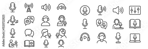 Various audio and communication icons representing podcasts, radio, and online conversations in a minimalist style