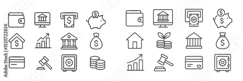Icons representing financial concepts and banking services in a minimalist style, suitable for a modern design project