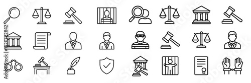 Courtroom symbols represent justice and legal processes in a simple black and white design showcasing various legal elements