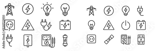 Icons representing electricity concepts in a minimalistic design for educational or informational purposes
