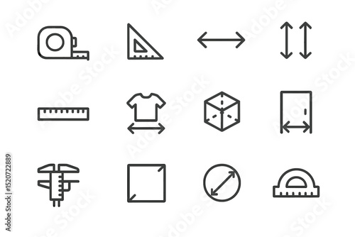 Measurement tools and symbols displayed in a grid format for educational purposes on dimensions