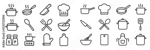 Kitchen utensils and cooking symbols represented in simple line art designs for culinary enthusiasts and chefs