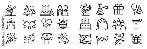 Celebration icons depicting music, parties, gifts, and festive decorations for various joyful occasions
