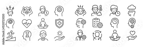 Collection of mental health and wellness icons illustrating various emotional states and self-care practices