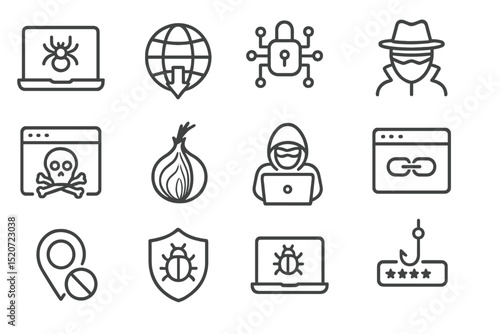 Cybersecurity concepts represented through various icons showcasing online threats, protection measures, and anonymity tools in a digital landscape