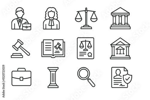 Legal symbols representing justice, law enforcement, and judicial systems in a sleek monochrome design illustrating legal themes