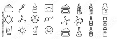 Illustrations of skincare and beauty products including serums, creams, and molecules on a white background
