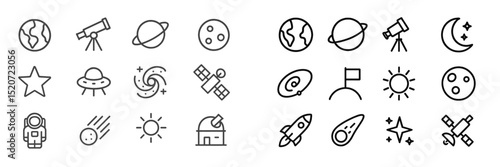 Variety of space-themed icons depicting planets, telescopes, and celestial bodies for creative projects